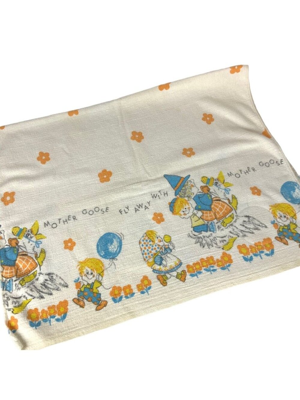 Vintage 60s Mother Goose Baby Receiving Blanket 25x39 White Cotton Nursery Decor